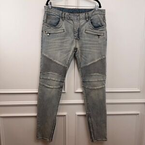 MNML M1 Biker Denim Jeans Light Blue Wash Moto Slim Fit Zipper Ankle Mens 36x33